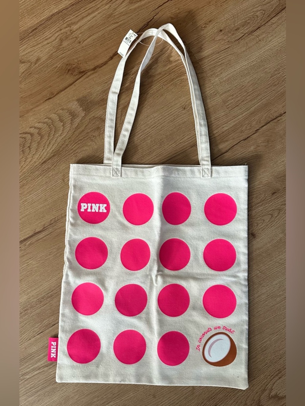 PINK Victoria's Secret Cream Canvas Tote with Hot Pink Polka Dots